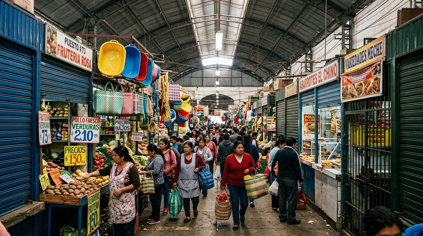 Pasillo de mercado con puestos de frutas, abarrotes y menestras