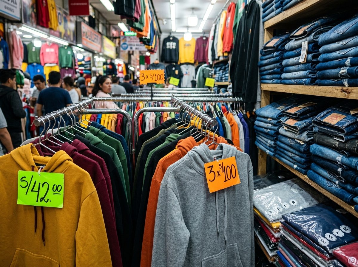 Puesto de ropa en una galería, con prendas colgadas en percha