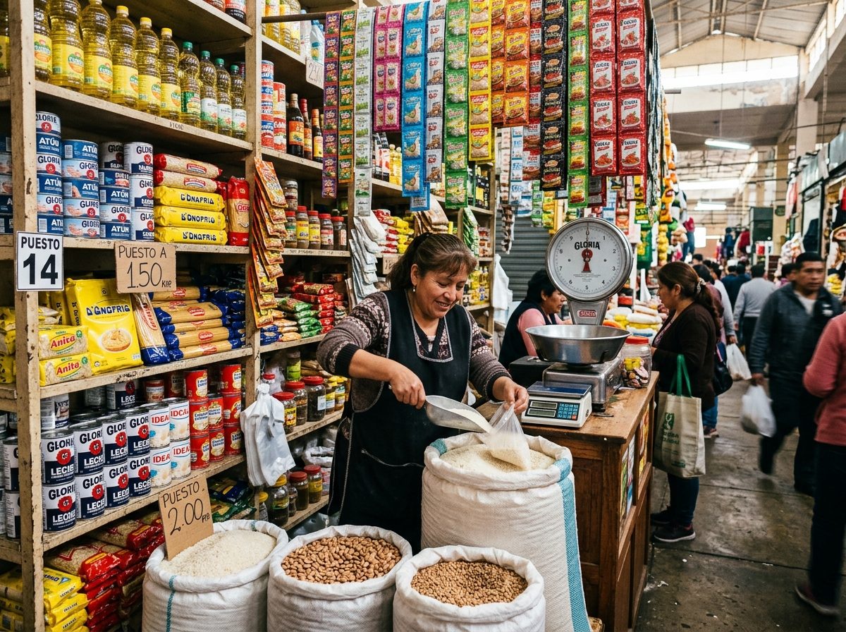 Puesto de abarrotes en mercado, con anaqueles y saco de arroz