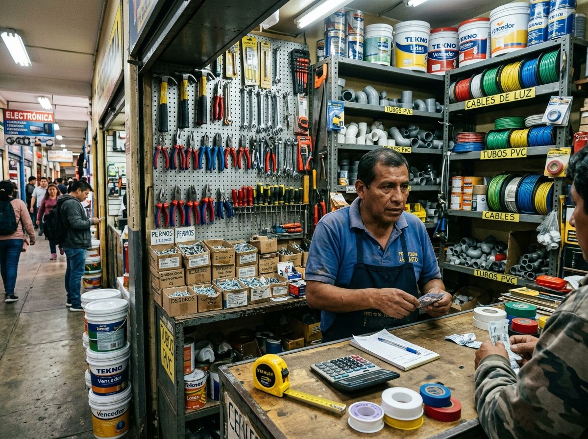 Puesto de ferretería en mercado, con herramientas y pinturas