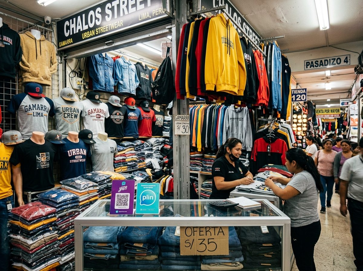 Puesto de ropa en galería, con vitrina y prendas apiladas